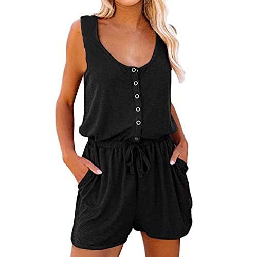 Dorjuli Damen Jumpsuit Shorts Sommer Lässige Solide Kurze Spaghetti Jumpsuit mit Tasche Schnallenriemen Sommer Elegant Ärmellos Overalls Kurze Hose Einteilige Arbeitshose Shorts