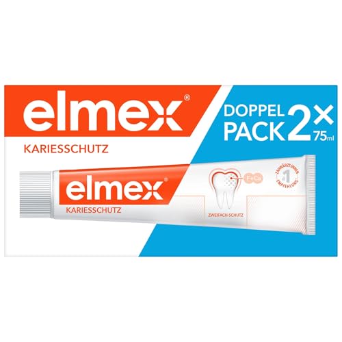 elmex Zahnpasta Kariesschutz 2x75ml – medizinische Zahnreinigung für hochwirksamen Kariesschutz – bietet zweifach aktives Kalzium-Fluorid Schutzschild für widerstandsfähige Zähne