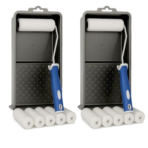 16-teiliges Lackierwalzen-Set mit 12 Schaumwalzen 10 cm für glatte Oberflächen, 2 Farbroller-Bügel, 2 Farbwannen – Perfekt für Lackierarbeiten, Türen & Möbel