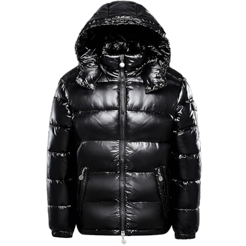 duzhengzhou Winterkapuzenjacke, warm, mittleres Gewicht, Metallic-Daunenjacke, Reißverschluss, Steppung, glänzender Puffermantel, Schwarz, S(S)