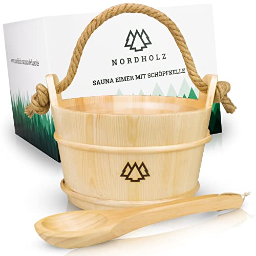 NORDHOLZ® Sauna Eimer mit Kelle aus 100% nordischer Fichte - Hochwertiges Sauna Zubehör - Einsatz, Hanftrageseil & Gratis E-Book - Wellness Aufguss Komplett Paket - Saunaeimer Set