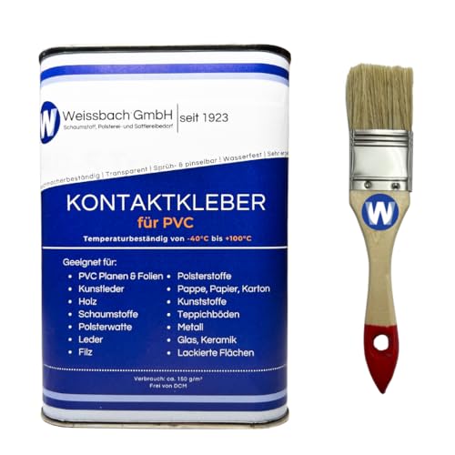 WEISSBACH PVC Kleber Plane Kontaktkleber Kunstleder extra stark 1000 ml Transparent Kleber für Planen Weich PVC Dachhimmel Kunstleder Wasserfest ink. Pinsel