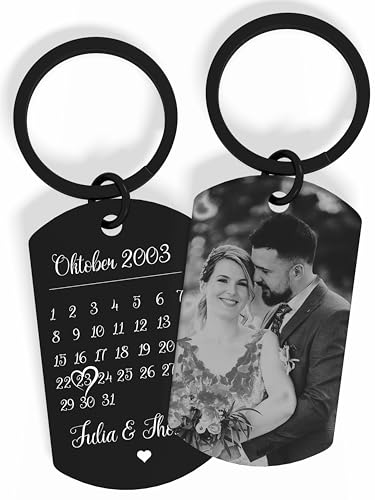 Meinearmbänder Schlüsselanhänger personalisiert aus Edelstahl mit Schwarz/Weiß Bild und Datum - Valentinstag-Geschenk für ihn & sie - Partner Geschenke - Personalisierte Geschenke