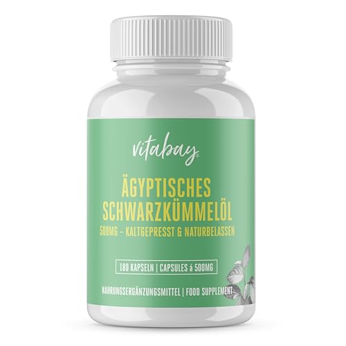 Vitabay Schwarzkümmelöl Kapseln Hochdosiert 500mg - 180 Kapseln - 3000 mg pro Tagesdosis + Vitamin E - Ägyptisches Schwarzkümmelöl in Kapseln - Kaltgepresst & Naturbelassen - Schwarzkümmel Öl Kapseln