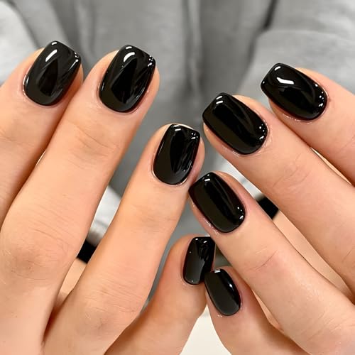 BETESSIN 32 Stück Press On Nails Kurz Eckig - Schwarz Einfarbig Nägel zum Aufkleben - Black Fake Nails Short - Künstliche Fingernägel zum Aufkleben - Full Cover Kunstnägel für Halloween