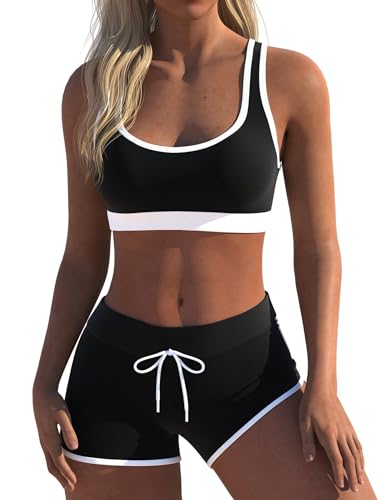 Zweiteiliger Sport-Badeanzug für Damen, Racerback, Boyshort, Weiß & Schwarz, Small-Medium