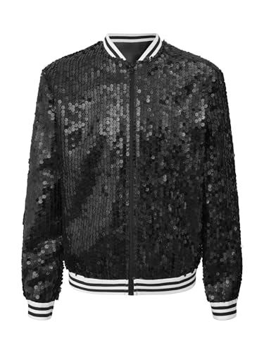 iiniim Jungen Mädchen Pailletten Jacke Langarm Glitzer Baseball Jacke Mantel Bomberjacke Hip Hop Jacke Disco Party Tanzkostüm Schwarz 134-140