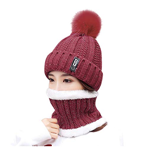 JUST Beanie Women's Winter Hat Warm Loop Scarf and Knitted Hat Set Knitted Scarf Windproof Skull Cap with Fleece Lining for Outdoor Sports Pullover Windproof Ear Flaps (One-size, T-a-Rotwein)