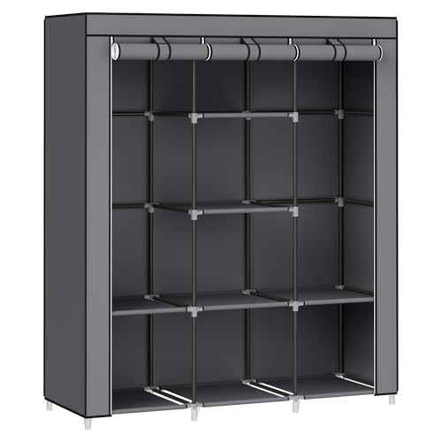 SONGMICS Kleiderschrank, Garderobe, Kleiderständer mit Vliesstoffbezug, Hängestangen, Ablagen, 45 x 130 x 167 cm, große Kapazität, für Schlafzimmer, Wohnzimmer, Taubengrau RYG096G01, Grau