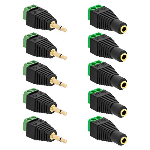 5x Klinken Stecker + 5x Buchsen 3,5mm Adapter > Terminalblock 2 Pin Schraub Klemme Set