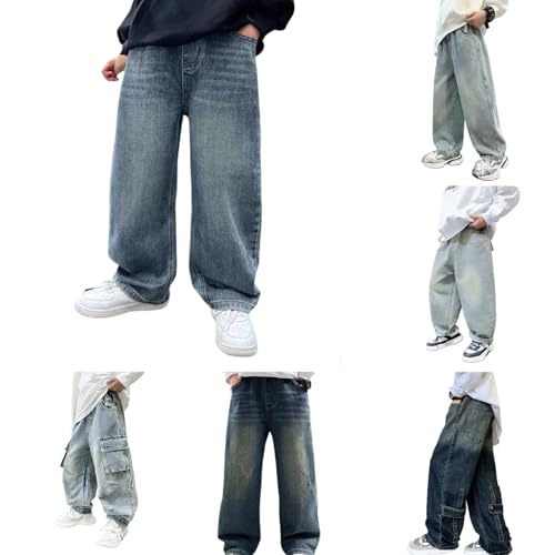 Generisch Baggy Jeans Jungs 164 Weites Bein Jeanshosen Rapper Kostüm Kinder Barrel Denim Hose Straight Leg Denimhose Elastischem Bund Cargo Jeans Mode Stretch Streetwear Frühling Freizeithose,Blau