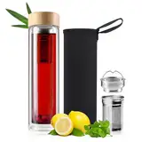 com-four® Trinkflasche Glas 500 ml doppelwandig aus Borosilikat mit Edelstahl Tee-Sieb Infuser und Neoprenhülle - Transparente Teeflasche für unterwegs 0,5 Liter - Glaswasserflasche mit Bambussdeckel