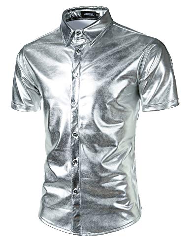 JOGAL Herren Metallic Glänzend Bronzing Nachtklub Party Hemd X-Large Silber