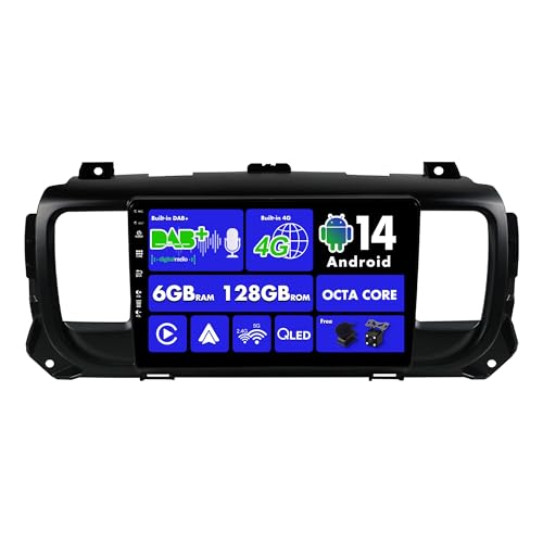 SXAUTO Android 14 - Built-in 4G LTE DAB - 6G+128G - Autoradio für Citroen Jumpy 3 / Peugeot Expert/Toyota Proace/Opel Vivaro (2016-2021) - WiFi - CarPlay Android Auto - Kamera + MIC - QLED 9 Zoll