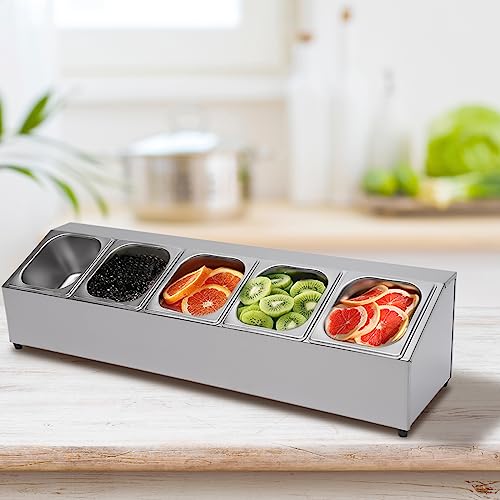 LOYEMAADE GN Aufsatzbord Mit 5 Behälter mit Deckel,Edelstahl Gastro Zutatenbehälter Spice Rack Regal 5-Lebensmittelbehältern