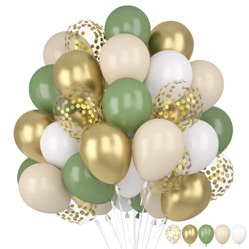 60 Stück Luftballons Grün Gold, Luftballons Salbeigrün Weiß, Luftballons Eukalyptus Grün, Luftballons Geburtstag Grün Weiß Gold Konfetti Latex Ballons für Geburtstag, Hochzeit, Babyparty Dekoration