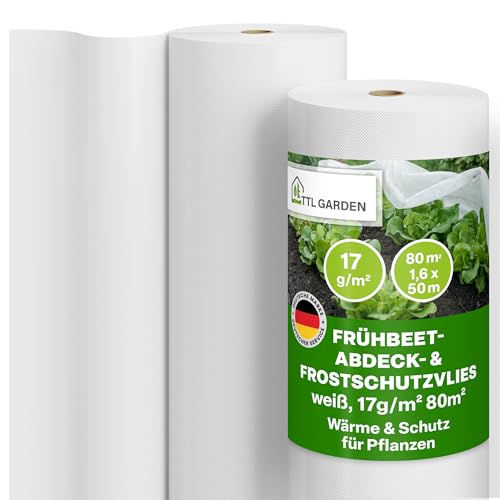 TTL Garden Frühbeetvlies 17g/m² 80m² 1,6m x 50m weiß auf Rolle - Abdeckvlies Frostschutz Vlies Wachstumsvlies Gartenvlies atmungsaktiv reißfest Hochbeetvlies für Beete - Schutz vor Frost & Schädlinge