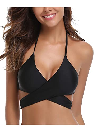 SHEKINI Damen Bademode Rückenfrei Verstellbar Crossover Ties-up Bikinioberteil Push up Triangel Strandkleidung (Small, Bikini Top-Schwarz)