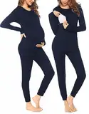 Ekouaer Umstands Schlafanzug Thermo Stillpyjama Damen Langarm Winter zweiteiliges Nachtwäsche Umstandspyjama Set mit Rundhals, Navyblau, S