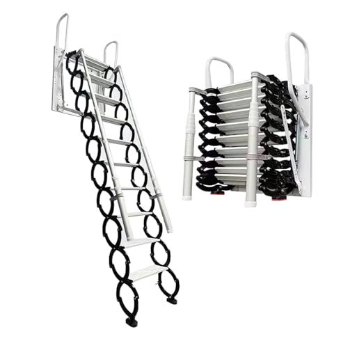 12 Stufen Extra-Breite Stahl Dachbodentreppe, wandmontierte Versenkbare Treppe mit 2 Handläufen, Tragkraft 300 kg, rutschfesten Stufen