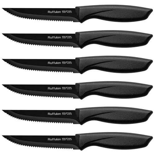 Ruffulon Profi Steakmesser Set,6-teilig Extra Scharfe Küchenmesser Set,Edelstahl Steak Messer Set mit Wellenschliff,Robuster Kunststoffgriff Steakmesserset,Steakbesteck Messerset,Schwarz