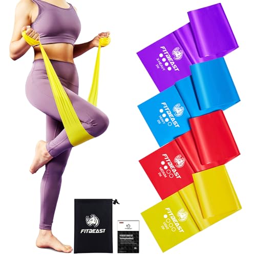 FitBeast Fitnessbänder 4er-Set, 2M Gymnastikbänder mit 4 Gymnastikband, Stretching Band mit Tragetasche & Übungsanleitung, Pilates Band für Fitnessband, Pilates, Yoga, Krafttraining, Physiotherapie