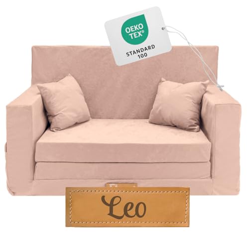 Flumi Personalisierte Kindercouch Kinder Sessel Sofa Schlafsofa jugendzimmer mit Gravur KINDERNAME Spielsofa für Kinderzimmer Schlafsessel Bettfunktion Kindermöbel 92x40x60 Mikrofaser (Rosa)