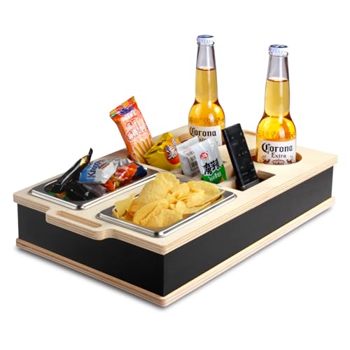 Couchbar Snackbox, Snackspender mit 2X Snackschale Aus Edelstahl,Holz Sofatablett, Snackbox mit Fächern,Couch Bar mit Getränkehalter für Wohnzimmer Schlafzimmer Wohnmobilausstattung (A Schwarz)