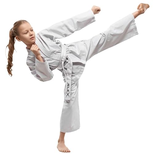 JELEX Kihaku Karateanzug Set aus Hose, Oberteil und Gürtel für Erwachsene und Kinder. Für Karate, Judo und andere Kampfsportarten. Für Einsteiger und Profis (140, kind weiß)