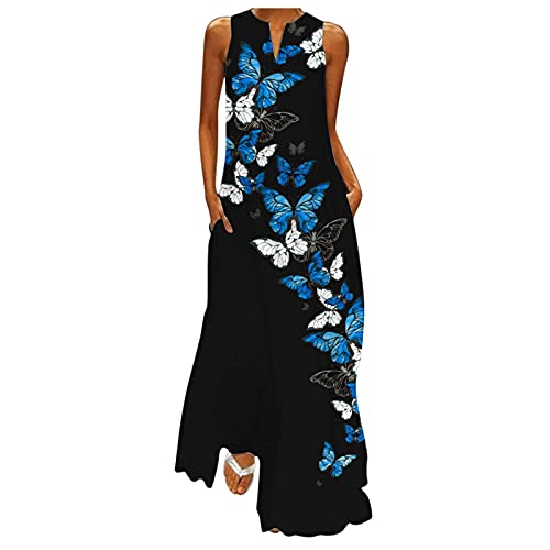 INLLADDY Kleider Damen Festlich Wickelkleid in Übergröße für Damen, modisch, geteilter Hals, Sommer, Schmetterling, lässig, ärmellos, langes Cocktailkleid Blau A 4XL EU 46