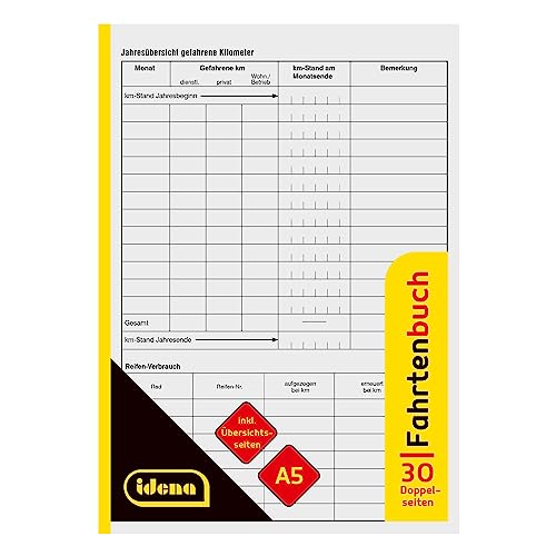 Idena 10845 - Fahrtenbuch, DIN A5, für ca. 540 Fahrten, 30 Doppelseiten, vom Finanzamt anerkannt