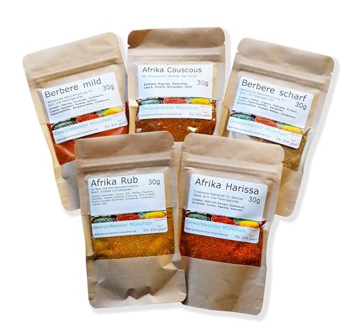 Afrika Gewürze Probierset-2, Harissa, Couscous Gewürzmischung, Afrika Rub, Berbere mild, Berbere scharf