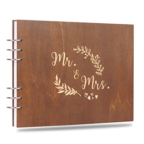 Creawoo 28,5cm Mr&Mrs hölzernes Gästebuch, Hochzeitsbuch Erinnerungen Einklebebuch für Hochzeit, Jahrestag, Geburtstag mit 120 Seiten, mindestens 240 Bilder – weißes Papier