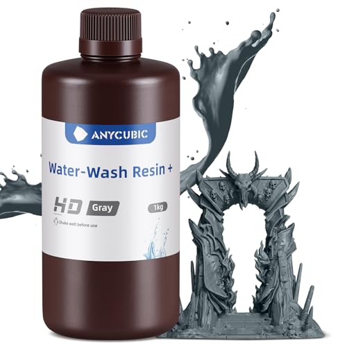 ANYCUBIC HD Wasser Waschbares Resin Plus, 3D Drucker Harz Wasserlöslich, UV-Resin 405nm Standard Photopolymer Harz, HD-Details, Geruchsarmh, für 4/6/8K LCD 3D-Drucker (HD-Grau, 1000g)