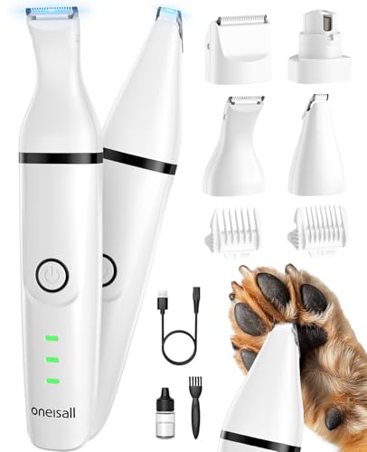 oneisall 4in1 Leise Schermaschine Hund Katze, Wiederaufladbar Hundeschermaschine&Pfotentrimmer&Krallenschleifer mit 4 Multifunktions-Schneidköpfen für Körper, Pfoten, Augen, Ohren, Gesicht (Weiß)
