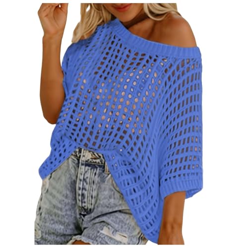 Generisch 2025 - Damen Sommerpullover mit U-Ausschnitt, kurzärmelig, lässig, Häkel-Strickoberteile, Pullover, Strandüberzug Sommer Sachen (Blue, M)
