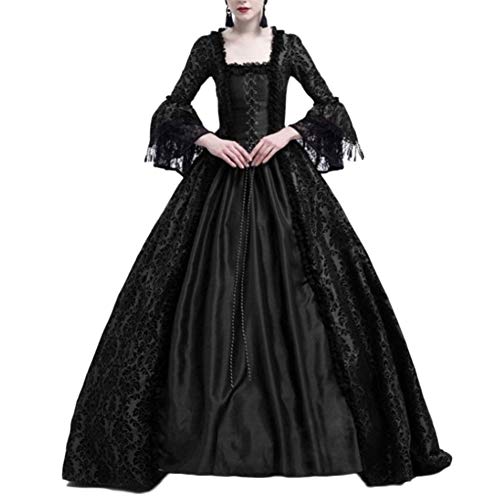 Damen Langarm Renaissance Mittelalter Kleid Viktorianischen Königin Kostüm Maxikleid Schwarz L