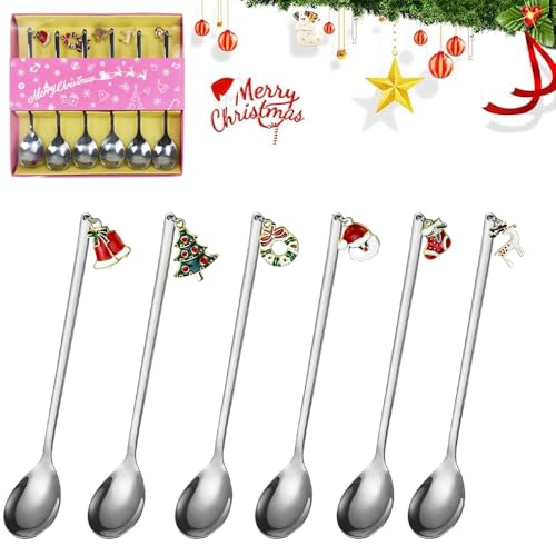 REFORUNG Weihnachtslöffel 6-teiliges Weihnachts kaffee Löffel Edelstahl-Löffel-Kochset mit Weihnachtsanhänger Rührlöffel Teelöffel Dessertlöffel, Weihnachtsbesteck Geschenkbox Party Tischdekorationen