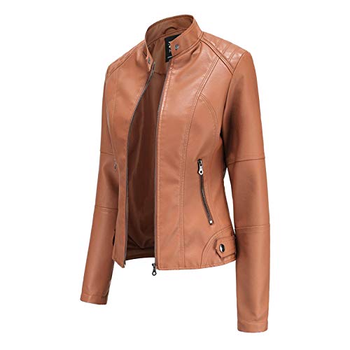 2025 Kragen solide Jacke Reißverschluss Farbe schlank nähen Stand-up-Damenmantel Damen Mantel Mit Muster (Brown, S)