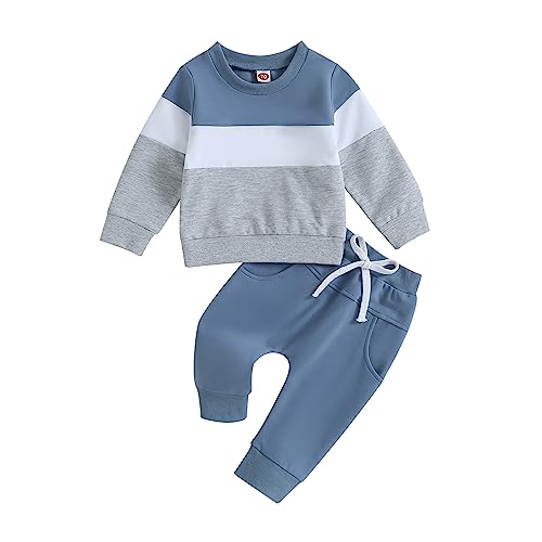 Geagodelia Baby Jungen Kleidung Outfit Babykleidung Set Langarmshirt Sweatshirt + Hose Neugeborene Weiche Babyset Zweiteiler Patchwork (D - Blau & Grau, 0-6 Monate)