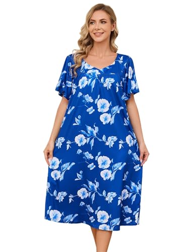 Hauskleider für Frauen Walzer Länge Muumuu mit Taschen Staubwedel Hausmantel Kurzarm Terrassenkleid S-XXXL, Blau/weiße Blume, XX-Large