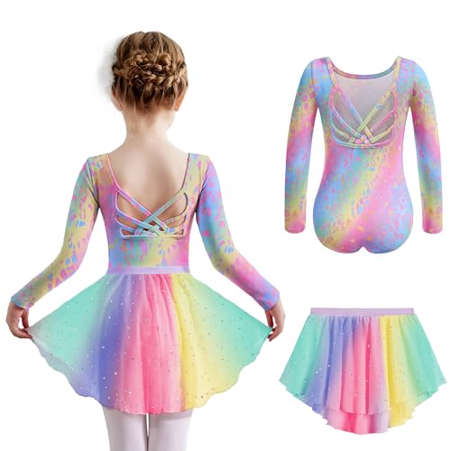 Arshiner Mädchen Ballettkleid Regenbogen Langarm Baumwolle Ballettkleidung Tanzkleid Rückenfrei Balletttrikot Kinder Ballett Trikot mit Tütü Ballettanzug Tanztrikot 140/5-6 Jahre