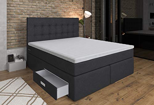 Tesla Dreams Boxspringbett 180x200 Ankona - Schublade, 7 Zonen-Taschenfederkern-Matratzen, H2/H3, Topper 10 cm Höhe MemoLUX, Anthrazit