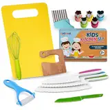 Rookiez – Kindermesser, 15-teiliges Kinder-Küchenmesser-Set – Zum schneiden und kochen von Obst, Gemüse und Brot – Schneidebrett, Kochmesser, Holzschneider, Wellenschneider, Ausstecher