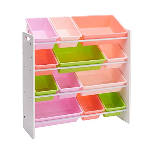 Amazon Basics Aufbewahrung für Kinderspielzeug, Spielzeug-Organizer mit 12 Plastikbehältern, weißes Holz mit pinken Behältern, 27.7 x 85.3 x 79 cm