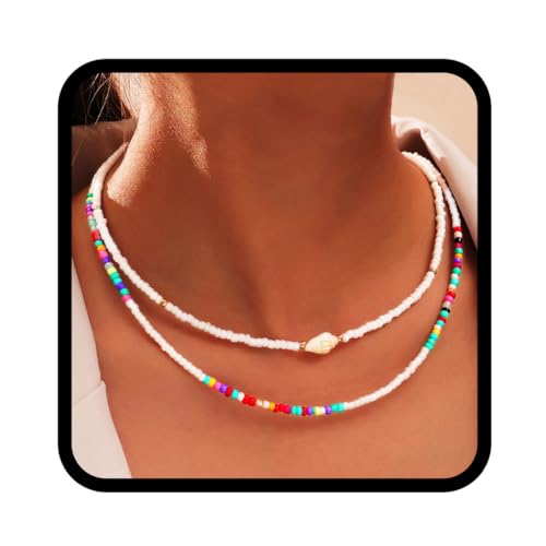 Handcess Boho-Perlenketten, bunte mehrlagige Halskette, Muschel-Strand-Halskette für Damen, Einheitsgröße, Perlen, Kein Edelstein