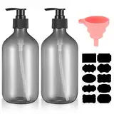 2 Stück 500 ml Shampoo Flaschen zum Befüllen, Duschgel Flasche, Leere nachfüllbare Pumpflaschen, Seifenspender Kunststoff für Lotionen Shampoos, mit Trichter, Etiketten (Grau)