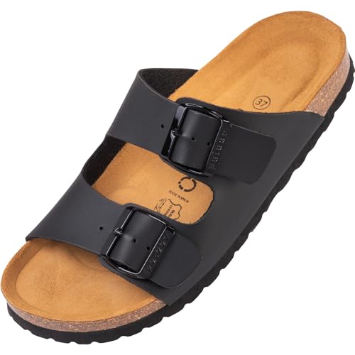 Palado Damen Pantoletten Korfu - Modische Sandalen mit 2 verstellbaren Riemen - Herren Hausschuhe mit Sohle aus feinstem Veloursleder und Natur Kork-Fussbett Basic Matt Schwarz 39 EU