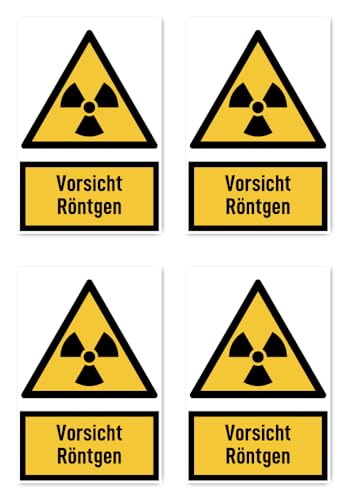 Aufkleber: 150x100 mm, 4 Stück - Vorsicht Röntgen - Warnzeichen mit Text (deutsch) (gelb/schwarz) - hochkant - W003 - DIN EN ISO 7010 / ASR A1.3