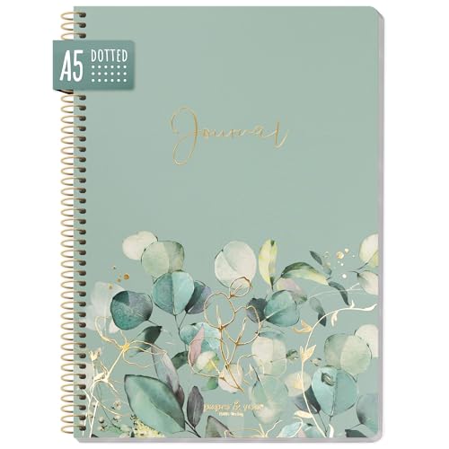 paper&you® Bullet Journal dotted A5 mit Spiralbindung "Minty Leaves" 160 Seiten, Notizbuch gepunktet mit Spirale, College-Block, Spiral-Block, Notizblock - nachhaltig & klimafreundlich